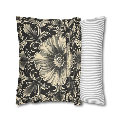 Elegant 19th Century Vintage Floral Damask Pillowcase in Black and Off-White (Pillow not included)