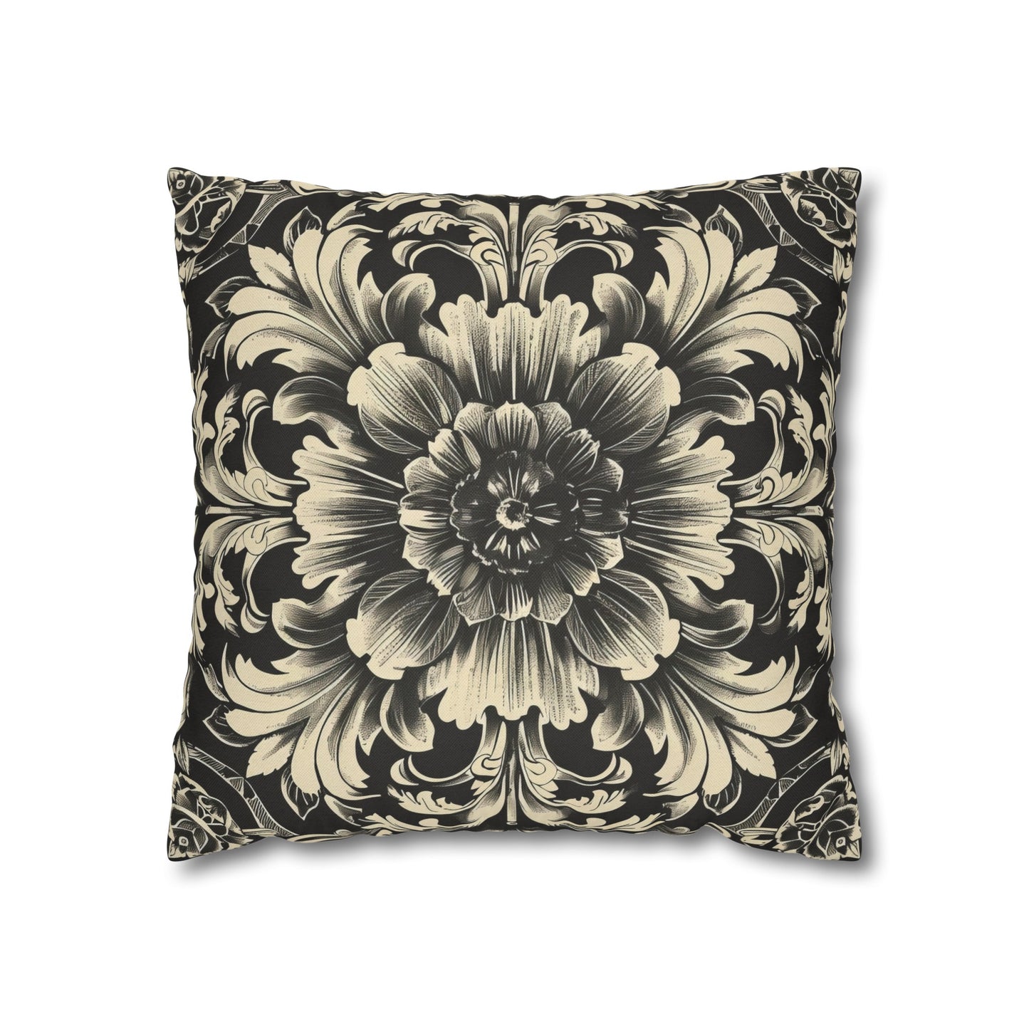 Elegant 19th Century Vintage Floral Damask Pillowcase in Black and Off-White (Pillow not included)