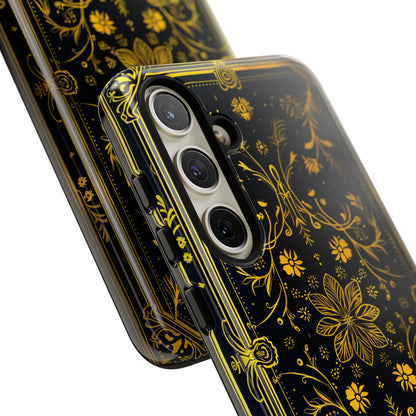 Luxury Gold Floral Damask Tough Phone Case - Elegant Black & Gold Baroque Design