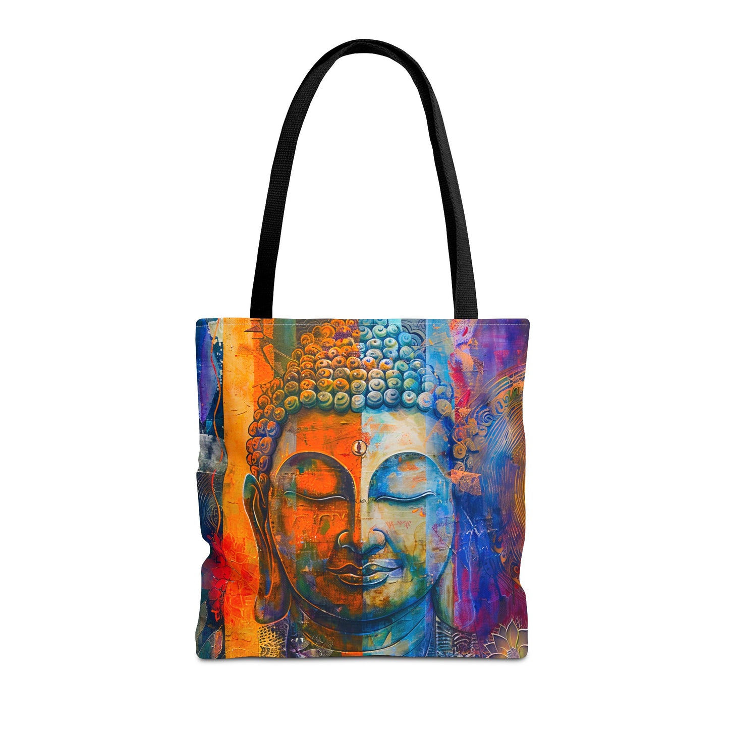 Vibrant Spiritual Buddhist Art Tote Bag Durable Polyester with Cotton Straps Available in 3 Sizes