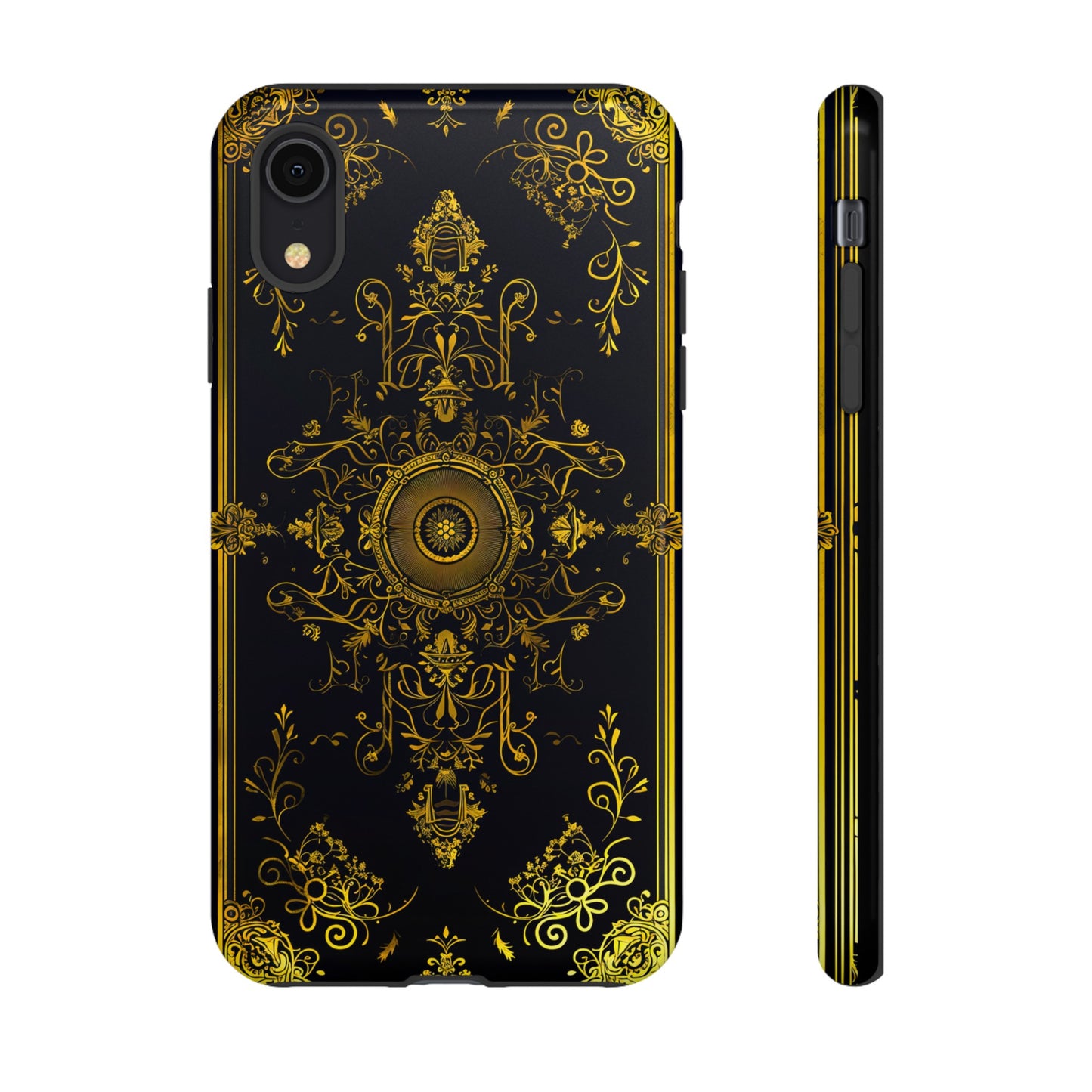 Luxury Gold Floral Damask Tough Phone Case - Elegant Black & Gold Baroque Design