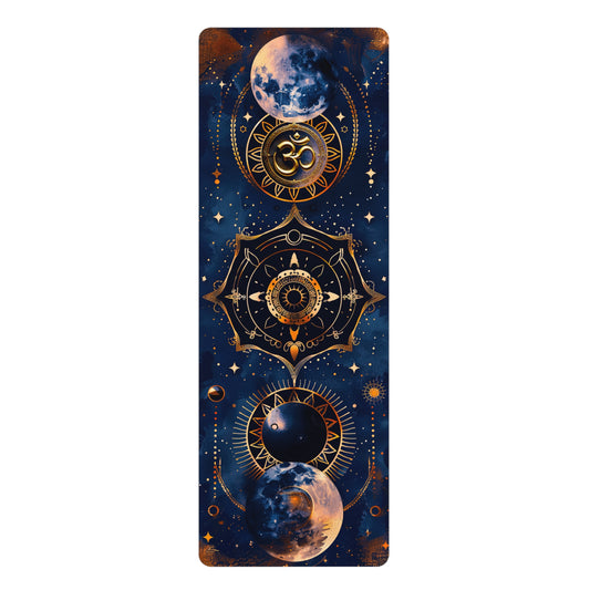 Non-Slip Rubber Yoga Mat with Vibrant Print - Celestial Dance Cosmic Balance Mandala and Om Symbol