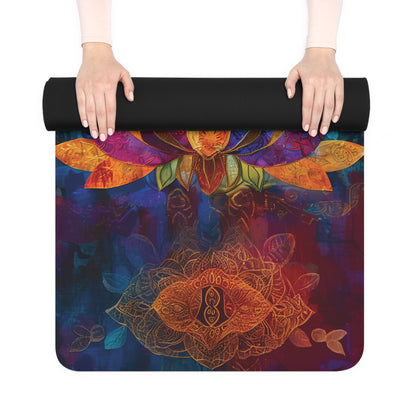 Non-Slip Rubber Yoga Mat with Vibrant Print - Figures Meditating Eye-Catching Design Featuring Lotus Flower and Om Symbol