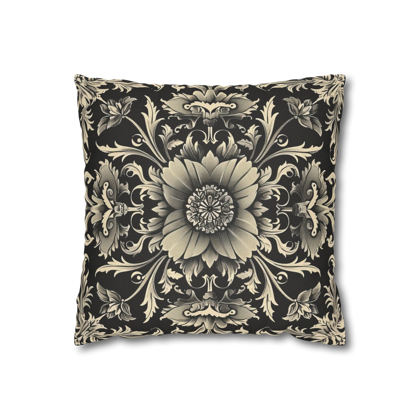 Elegant 19th Century Vintage Floral Damask Pillowcase in Black and Off-White (Pillow not included)