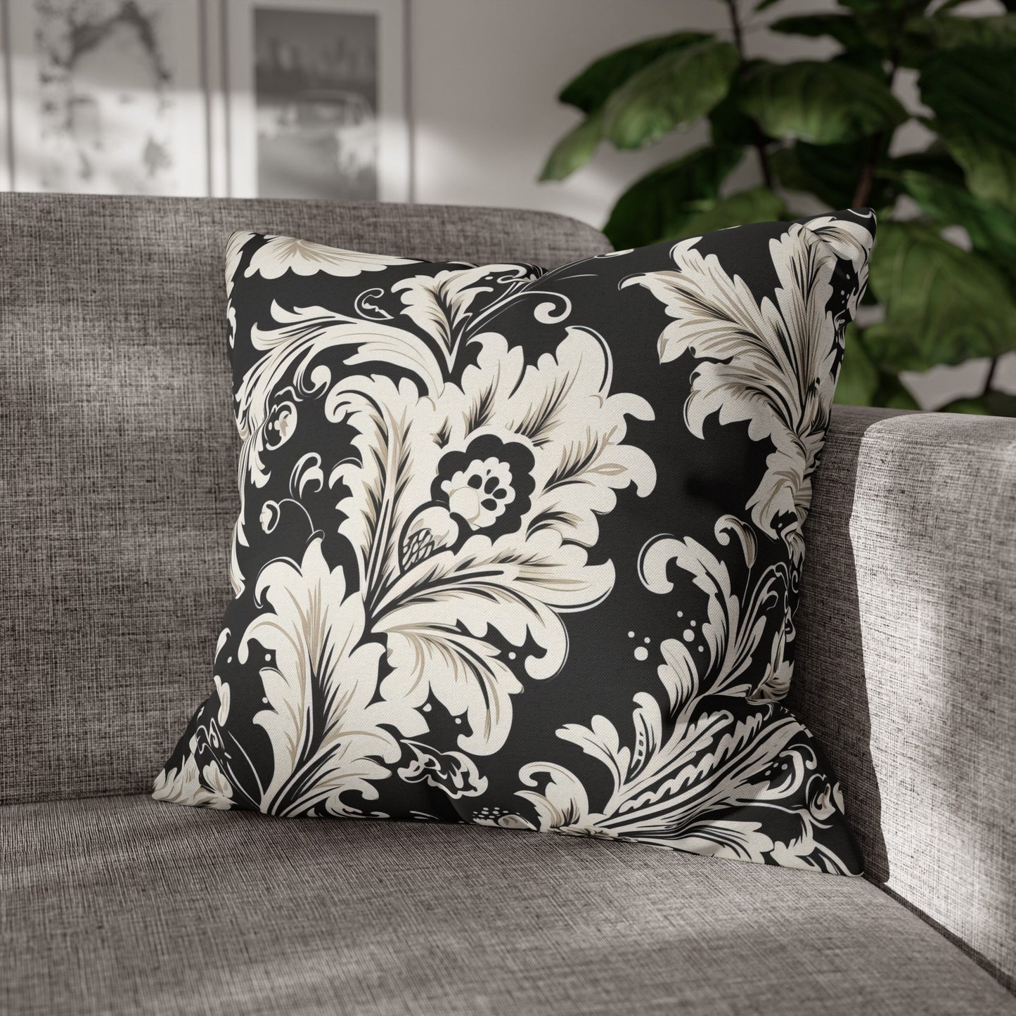 Elegant 19th Century Vintage Floral Damask Pillowcase in Black and White (Pillow not included)