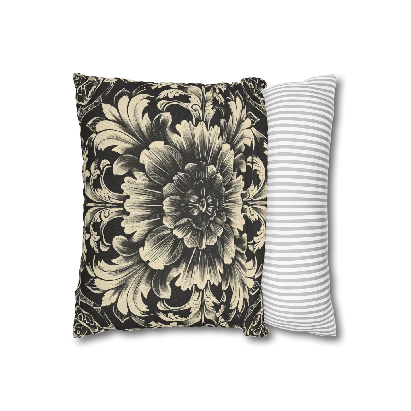 Elegant 19th Century Vintage Floral Damask Pillowcase in Black and Off-White (Pillow not included)