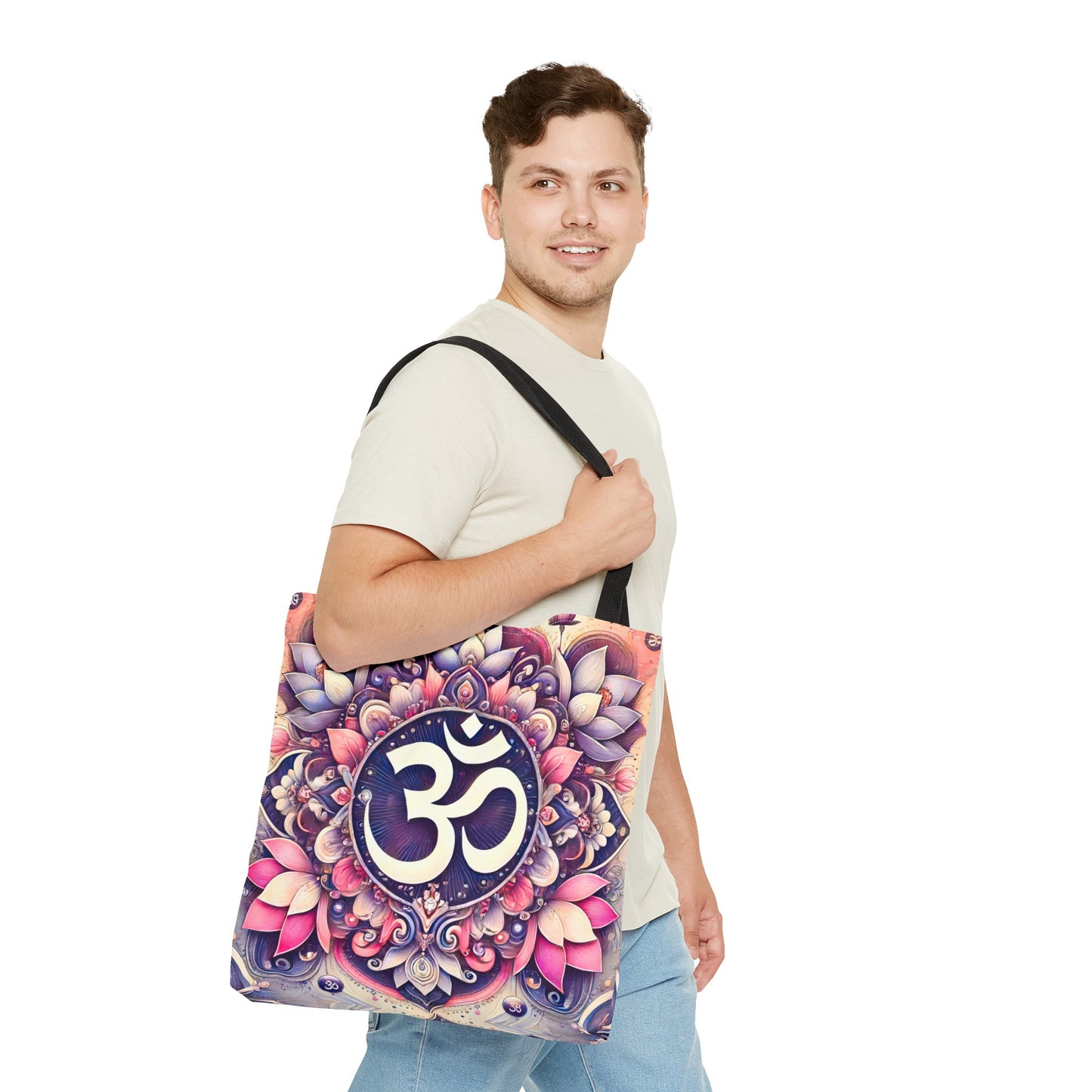 Vibrant Spiritual Yoga Art Om Symbol Tote Bag Durable Polyester with Cotton Straps Available in 3 Sizes