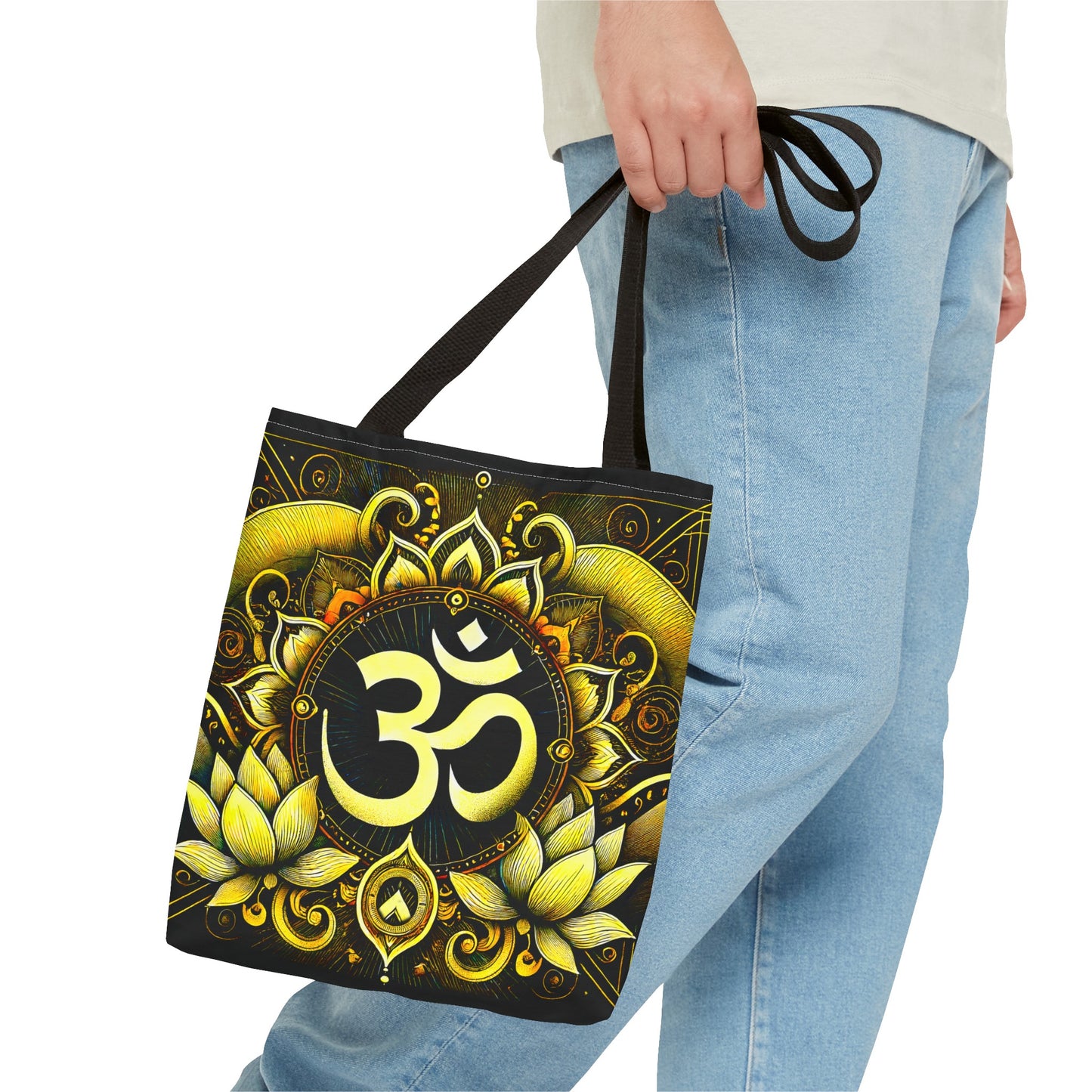 Vibrant Spiritual Yoga Art Om Symbol Tote Bag Durable Polyester with Cotton Straps Available in 3 Sizes