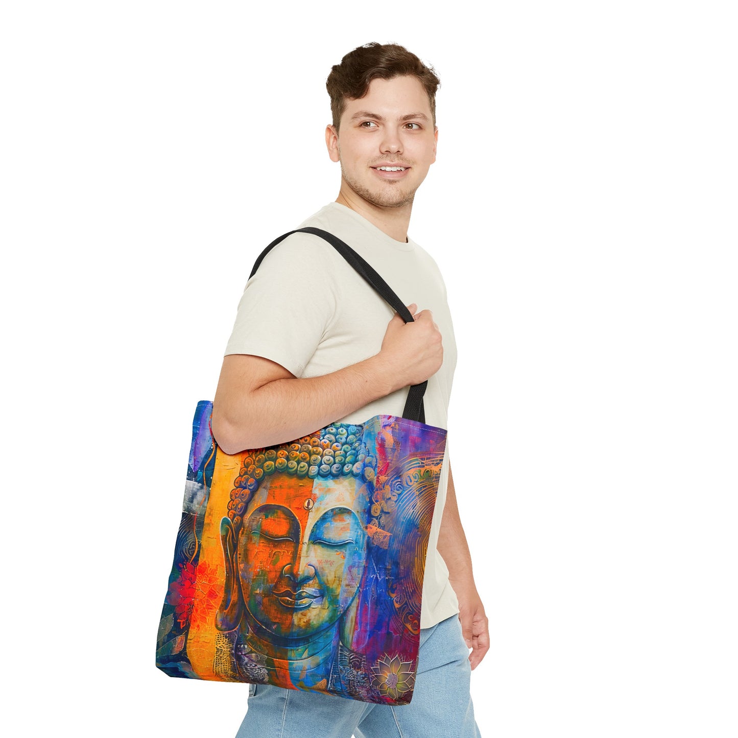 Vibrant Spiritual Buddhist Art Tote Bag Durable Polyester with Cotton Straps Available in 3 Sizes