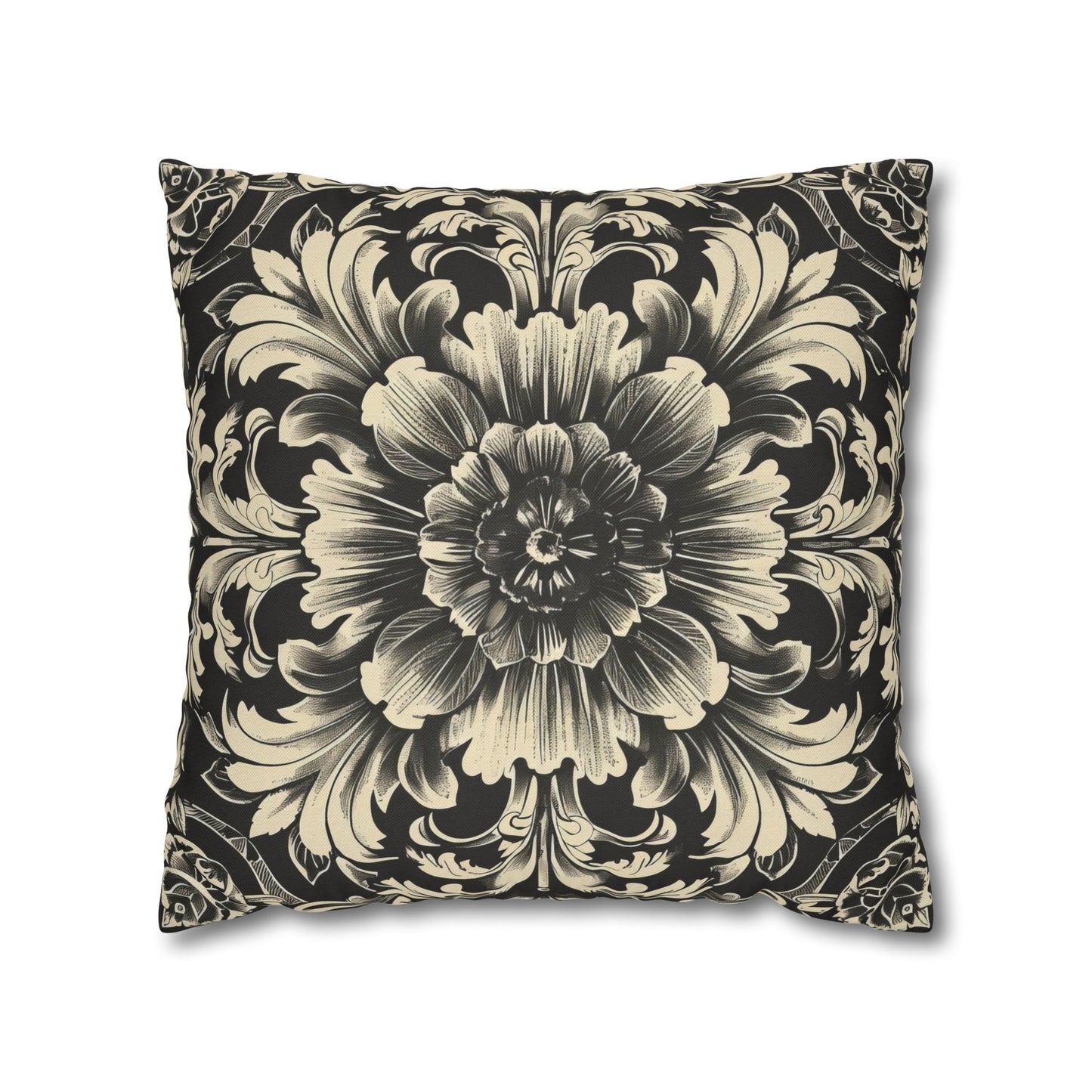 Elegant 19th Century Vintage Floral Damask Pillowcase in Black and Off-White (Pillow not included)