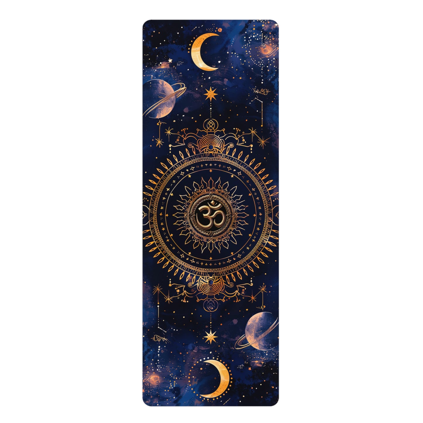 Non-Slip Rubber Yoga Mat with Vibrant Print - Celestial Dance Cosmic Balance Mandala and Om Symbol