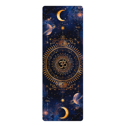 Non-Slip Rubber Yoga Mat with Vibrant Print - Celestial Dance Cosmic Balance Mandala and Om Symbol