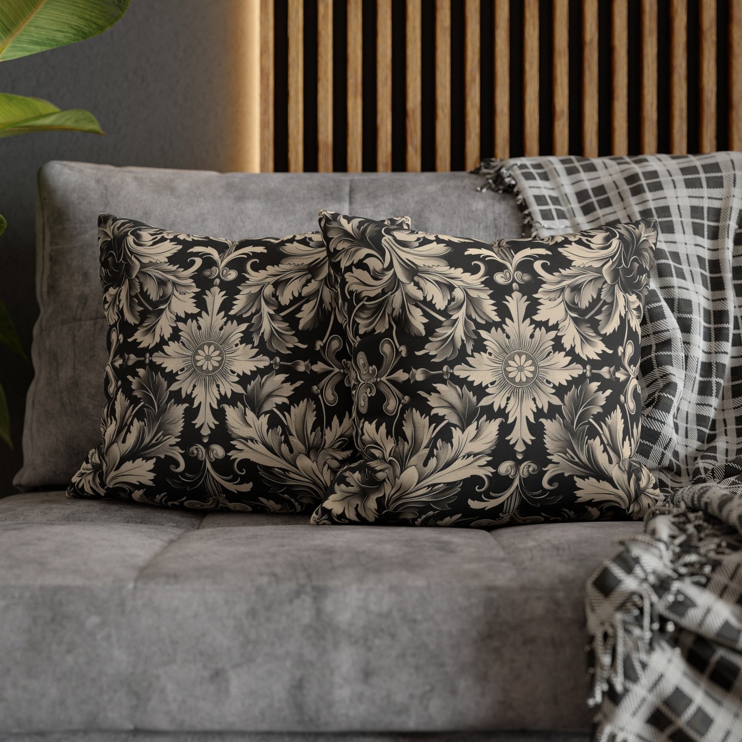 Elegant 19th Century Vintage Floral Damask Pillowcase in Black and Off-White (Pillow not included)