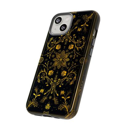 Luxury Gold Floral Damask Tough Phone Case - Elegant Black & Gold Baroque Design