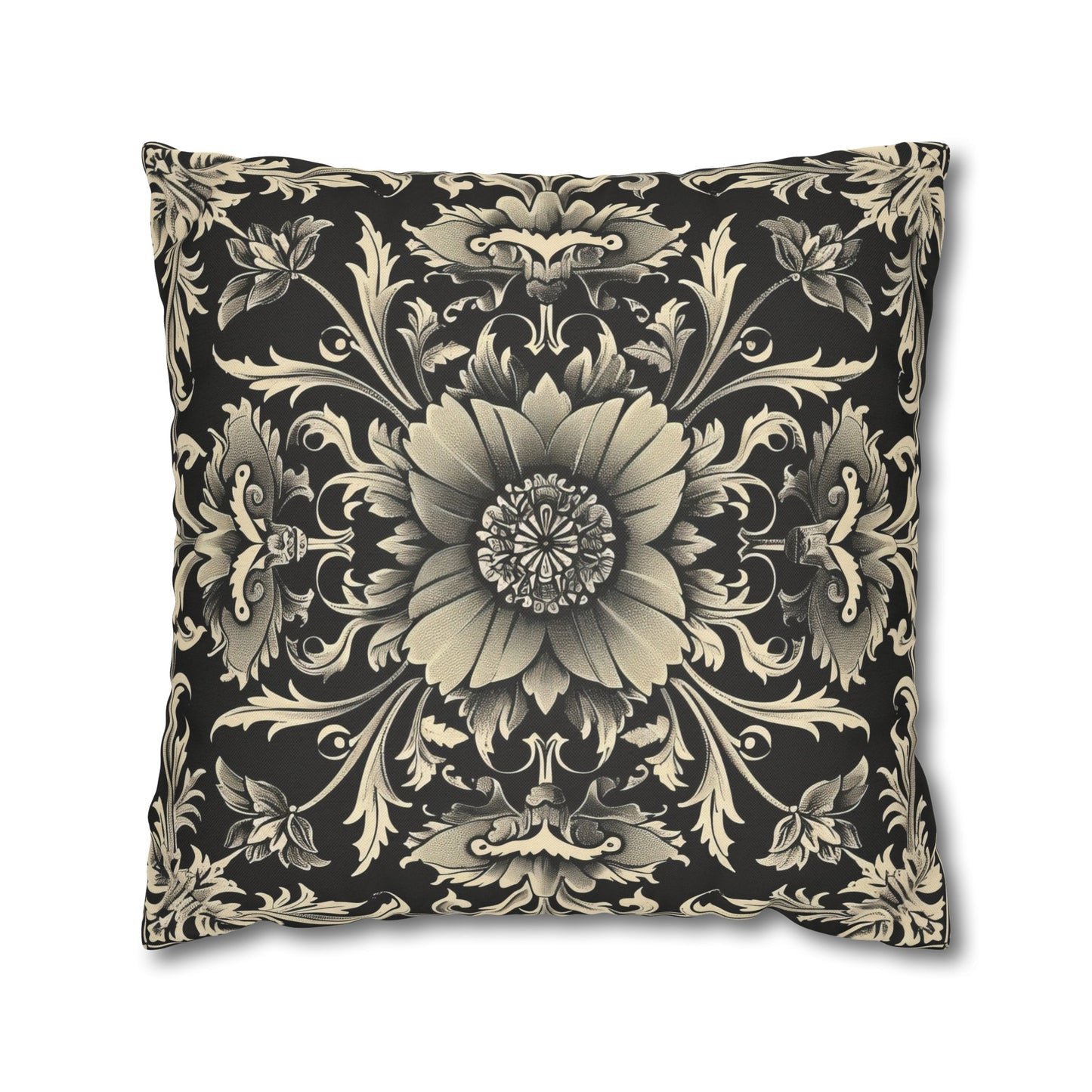 Elegant 19th Century Vintage Floral Damask Pillowcase in Black and Off-White (Pillow not included)