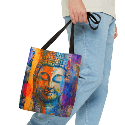 Vibrant Spiritual Buddhist Art Tote Bag Durable Polyester with Cotton Straps Available in 3 Sizes