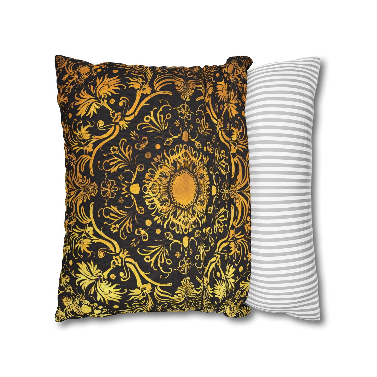 Elegant Black & Gold Damask Throw Pillowcase - Luxurious Floral Baroque Design (Pillow not included)