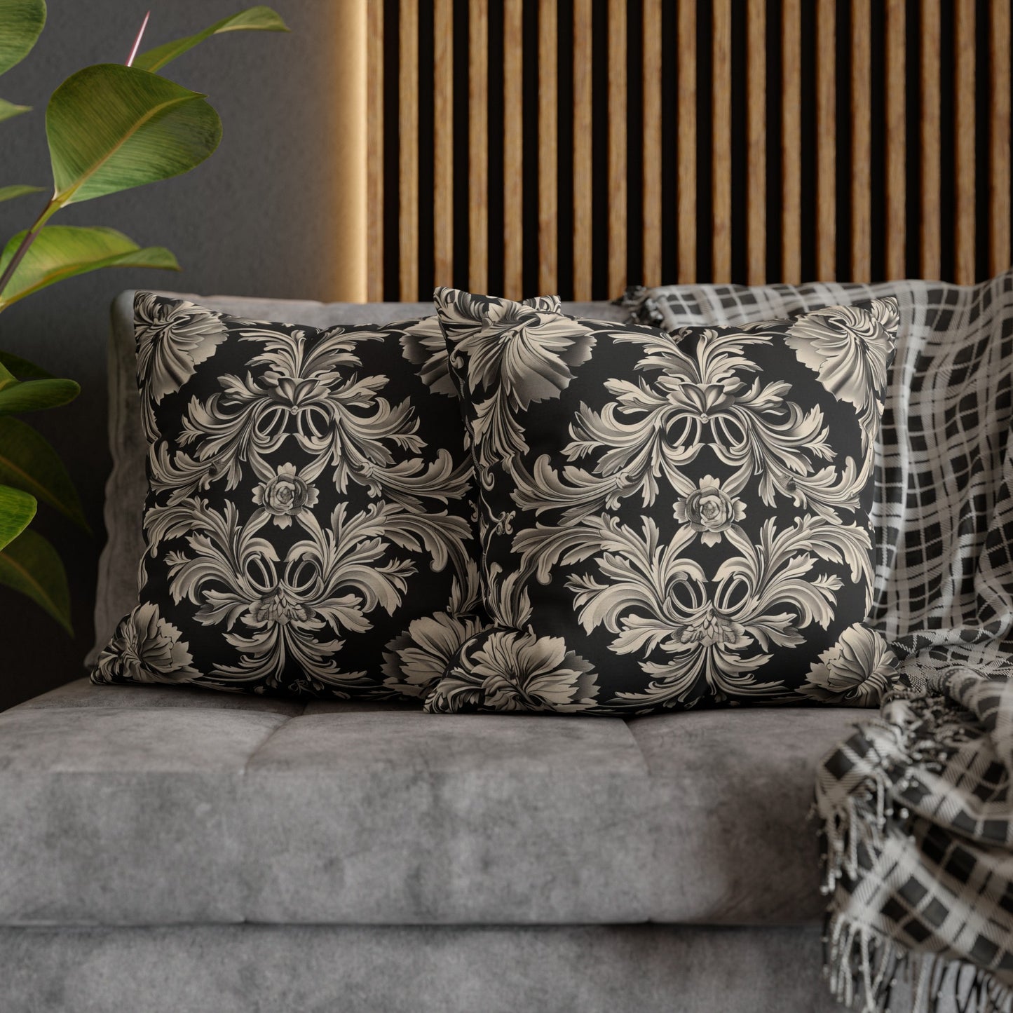 Elegant 19th Century Vintage Floral Damask Pillowcase in Black and Off-White (Pillow not included)
