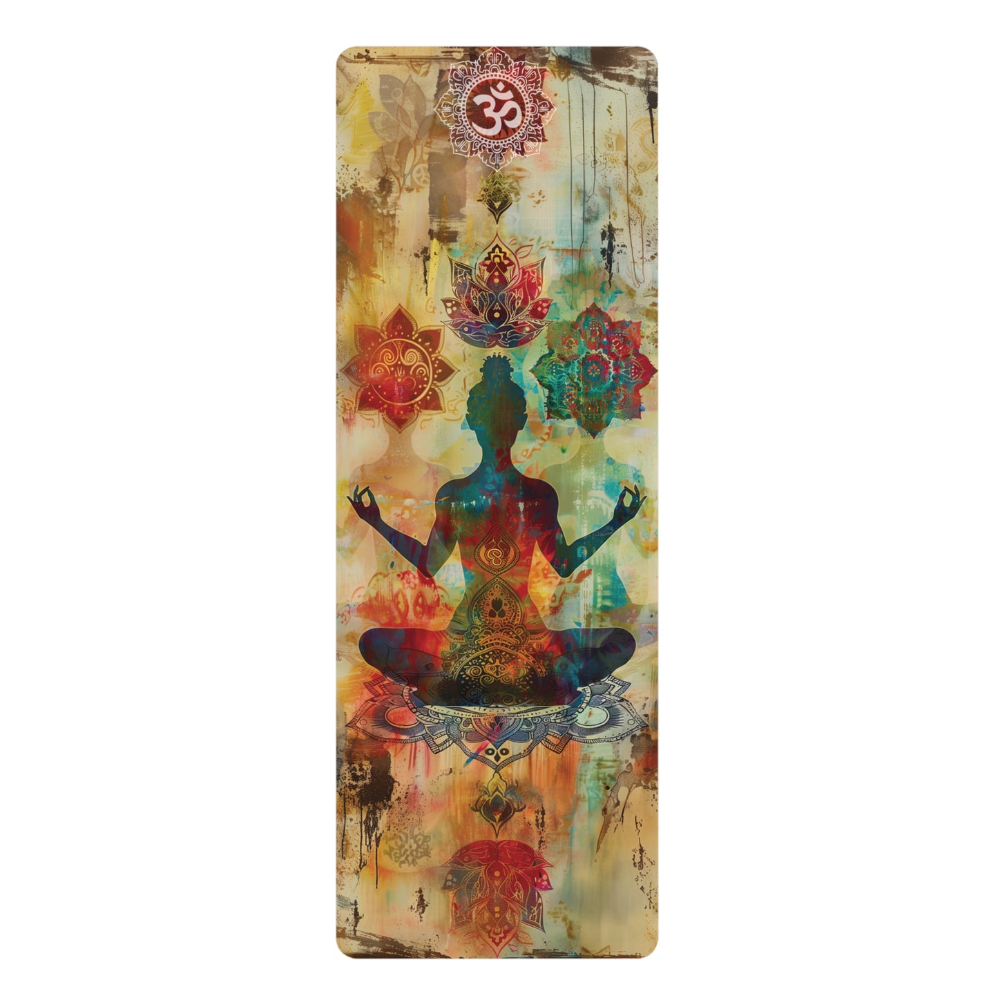 Non-Slip Rubber Yoga Mat with Vibrant Print - Figure Meditating Eye-Catching Design Featuring Om Symbol