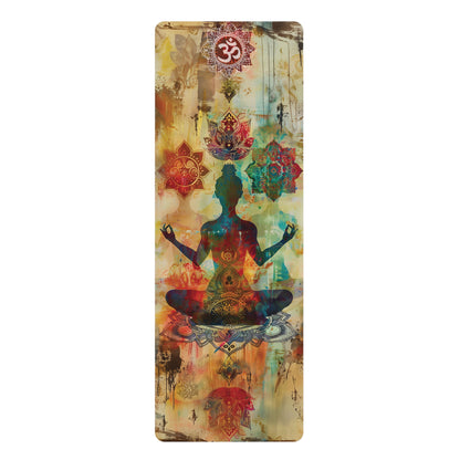 Non-Slip Rubber Yoga Mat with Vibrant Print - Figure Meditating Eye-Catching Design Featuring Om Symbol